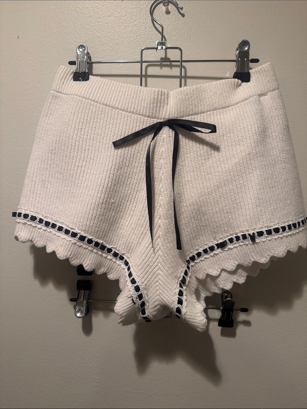 wild fable Cream Knit Scallop Trim Lounge Shorts with Black Ribbon